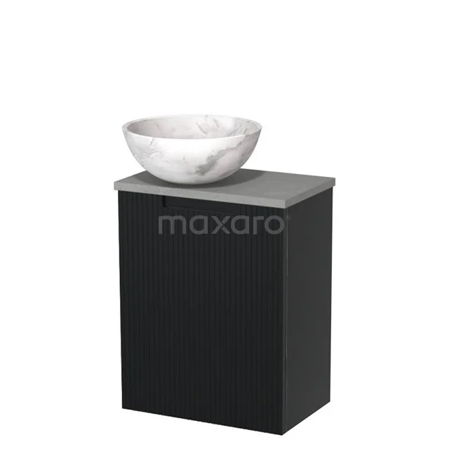 Toilet unit with countertop wash basin | 41 cm Matte black Line fronts White marble Natural stone basin Light grey concrete worktop TMK10-15479