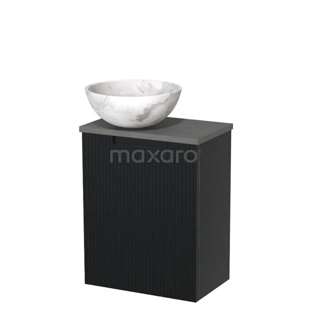 Toilet unit with countertop wash basin | 41 cm Matte black Line fronts White marble Natural stone wash basin Dark grey concrete worktop TMK10-15492