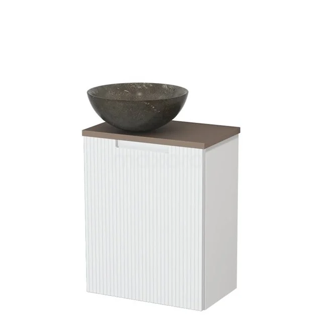 Toiletmeubel met waskom | 41 cm Mat wit Lijn front Blue stone Natuursteen waskom Taupe blad TMK10-15511