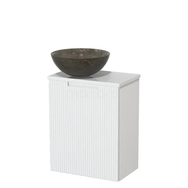 Toiletmeubel met waskom | 41 cm Mat wit Lijn front Blue stone Natuursteen waskom Hoogglans wit blad TMK10-15537