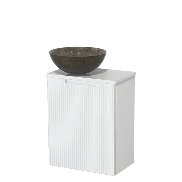 Toiletmeubel met waskom | 41 cm Mat wit Lijn front Blue stone Natuursteen waskom Hoogglans wit blad TMK10-15758