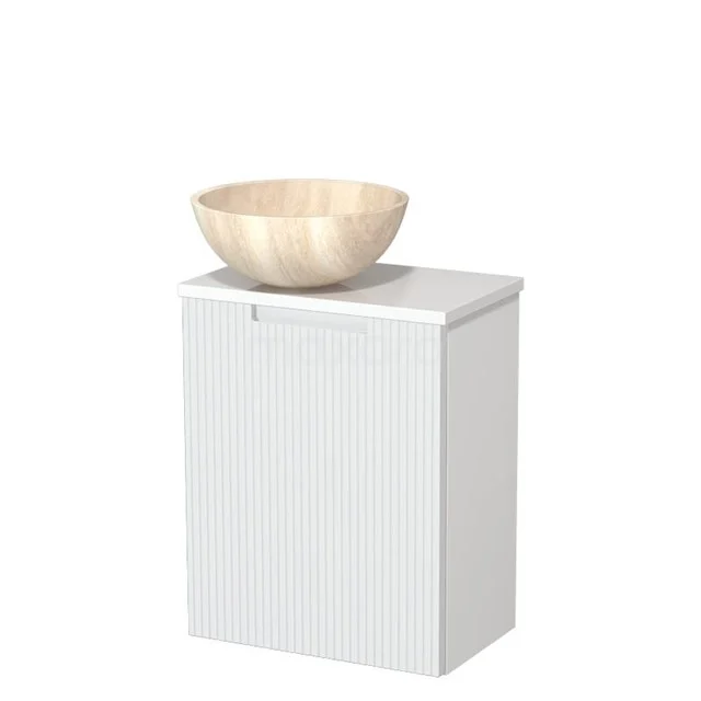 WC-Möbel mit Aufsatzwaschbecken | 41 cm Matt Weiß Line Front Travertin Naturstein Aufsatzwaschbecken Hochglanz Weiß Platte TMK10-15543