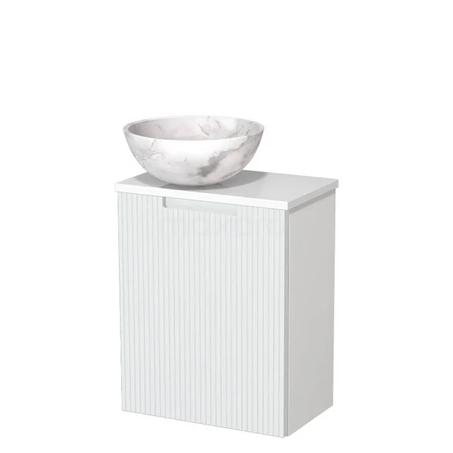 Toiletmeubel met waskom | 41 cm Mat wit Lijn front Wit marmer Natuursteen waskom Hoogglans wit blad TMK10-15544