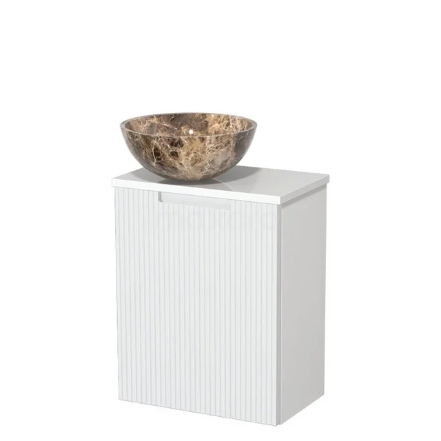 Toiletmeubel met waskom | 41 cm Mat wit Greeploos front Dark emperador Natuursteen waskom Hoogglans wit blad TMK10-15766