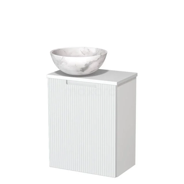 WC-Möbel mit Aufsatzwaschbecken | 41 cm Matt Weiß Line Front Weißer Marmor Naturstein Aufsatzwaschbecken Matt Weiß Platte TMK10-15557