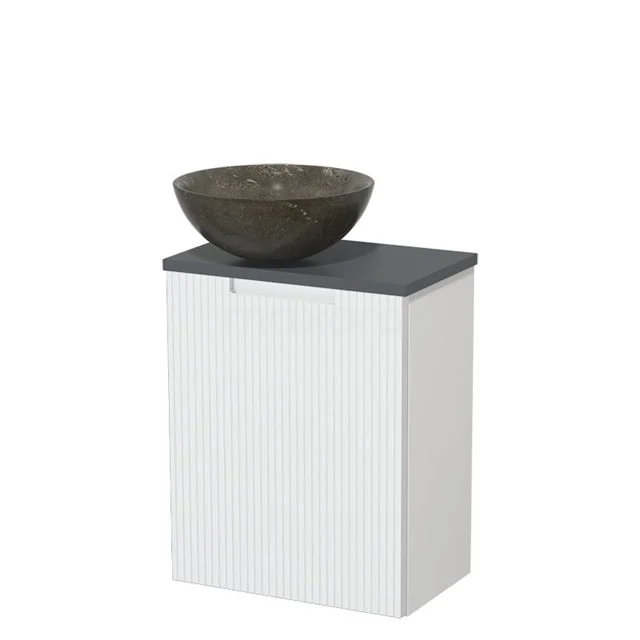 Toiletmeubel met waskom | 41 cm Mat wit Lijn front Blue stone Natuursteen waskom Donkergrijs blad TMK10-15563