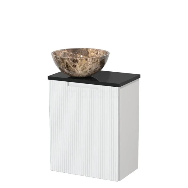 Toiletmeubel met waskom | 41 cm Mat wit Lijn front Dark emperador Natuursteen waskom Hoogglans zwart blad TMK10-15584