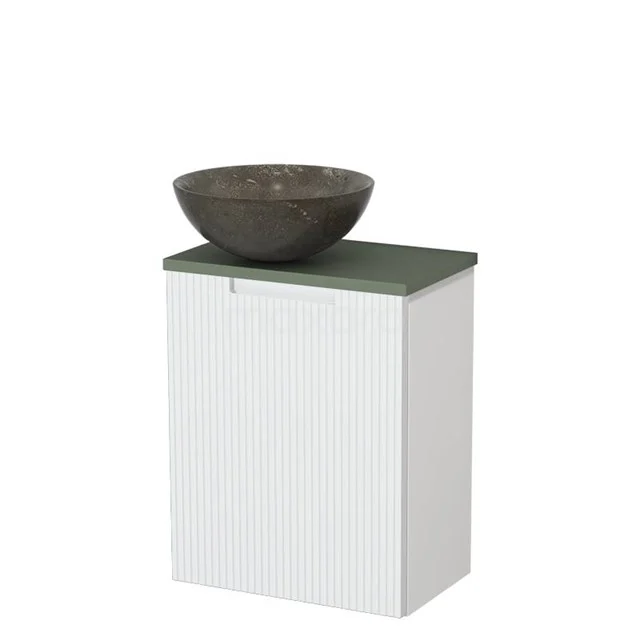 Toiletmeubel met waskom | 41 cm Mat wit Lijn front Blue stone Natuursteen waskom Saliegroen blad TMK10-15589