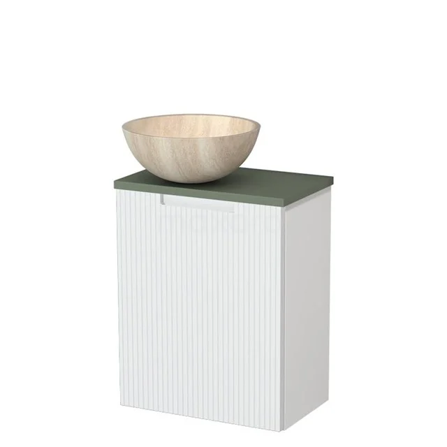 Toilet unit with countertop wash basin | 41 cm Matte white Line front Travertine Natural stone countertop wash basin Sage green worktop TMK10-15816