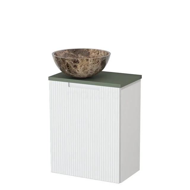 Toiletmeubel met waskom | 41 cm Mat wit Greeploos front Dark emperador Natuursteen waskom Saliegroen blad TMK10-15818