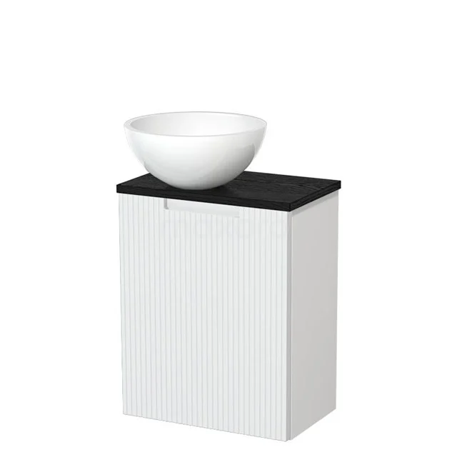 WC-Möbel mit Aufsatzwaschbecken | 41 cm Matt Weiß Front Line Glänzend Weiß Mineralguss Aufsatzwaschbecken Schwarze Eiche Platte TMK10-15824