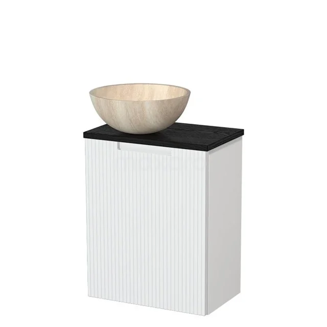 Toilet unit with countertop wash basin | 41 cm Matte white Line front Travertine Natural stone countertop wash basin Black oak worktop TMK10-15829