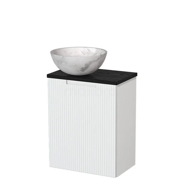 Toilet unit with countertop wash basin | 41 cm Matte white Line front White marble Natural stone countertop wash basin Black oak worktop TMK10-15830