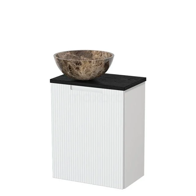 Toiletmeubel met waskom | 41 cm Mat wit Greeploos front Dark emperador Natuursteen waskom Zwart eiken blad TMK10-15831