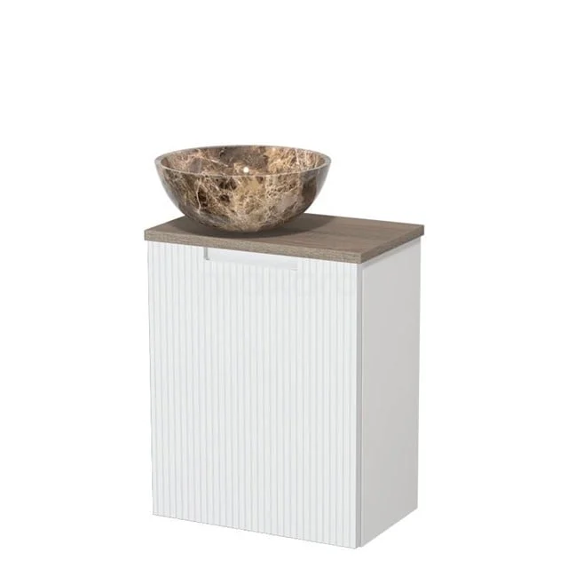 Toiletmeubel met waskom | 41 cm Mat wit Greeploos front Dark emperador Natuursteen waskom Eiken blad TMK10-15844