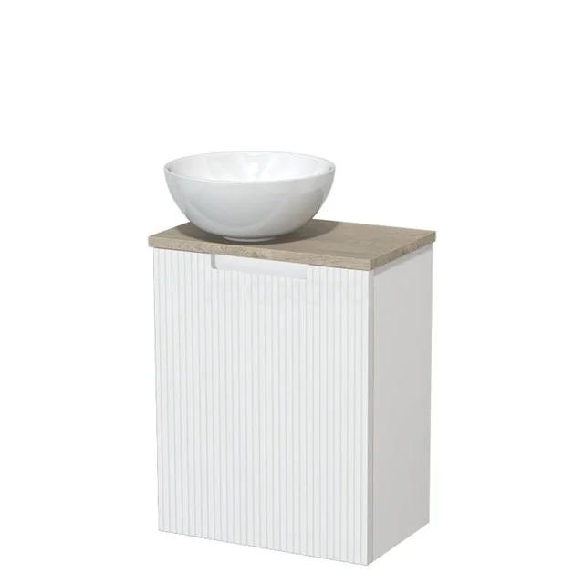 Toilet unit with countertop wash basin | 41 cm Matte white Line front Gloss white Ceramic countertop wash basin Light grey oak worktop TMK10-15627