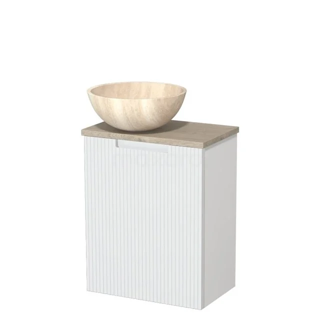 Toilet unit with countertop wash basin | 41 cm Matte white Line front Travertine Natural stone countertop wash basin Light grey oak worktop TMK10-15634