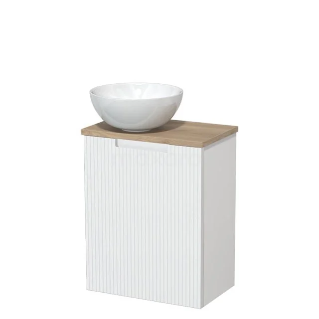 Toilet unit with countertop wash basin | 41 cm Matte white Line front Gloss white Ceramic countertop wash basin Light brown oak worktop TMK10-15640