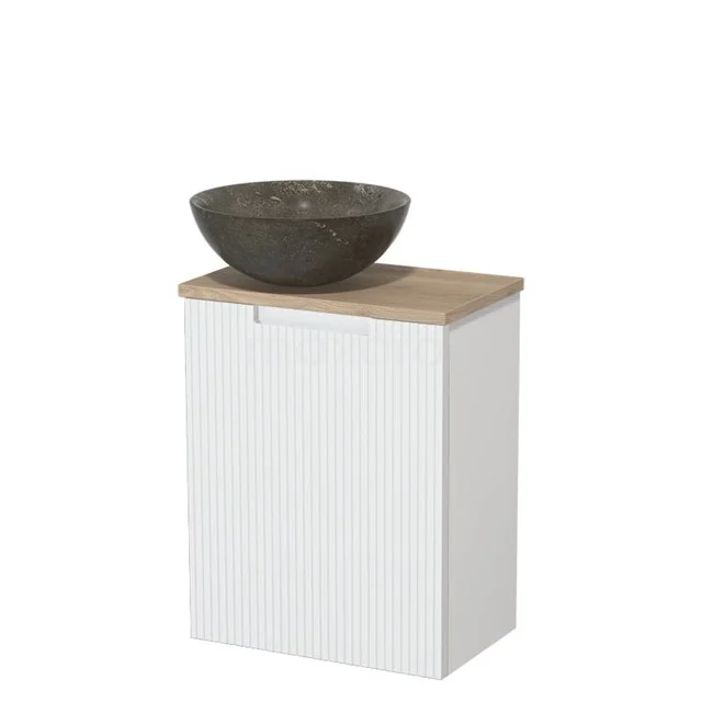 Toiletmeubel met waskom | 41 cm Mat wit Lijn front Blue stone Natuursteen waskom Lichtbruin eiken blad TMK10-15641