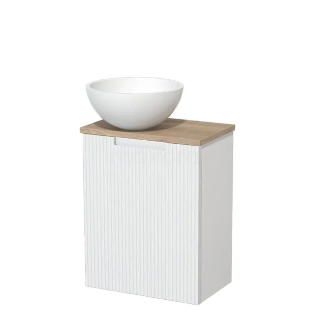 Toiletmeubel met waskom | 41 cm Mat wit Greeploos front Mat wit Solid surface waskom Lichtbruin eiken blad TMK10-15864