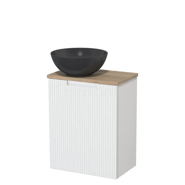 Toilet unit with countertop wash basin | 41 cm Matte white Line front Matte black Quartz wash basin Light brown oak worktop TMK10-15644