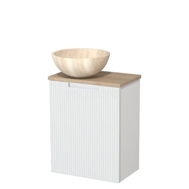 Toilet unit with countertop wash basin | 41 cm Matte white Line front Travertine Natural stone countertop wash basin Light brown oak worktop TMK10-15868