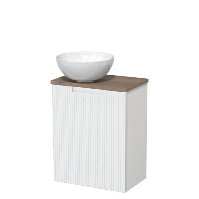 Toilet unit with countertop wash basin | 41 cm Matte white Line front Gloss white Ceramic countertop wash basin Mid brown oak worktop TMK10-15653