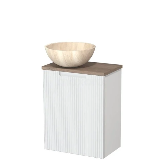 Toilet unit with countertop wash basin | 41 cm Matte white Line front Travertine Natural stone countertop wash basin Mid brown oak worktop TMK10-15660