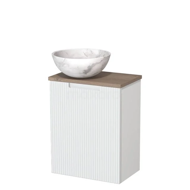 Toilet unit with countertop wash basin | 41 cm Matte white Line front White marble Natural stone countertop wash basin Mid brown oak worktop TMK10-15661