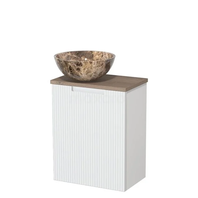 Toilet unit with countertop wash basin | 41 cm Matte white Line front Dark emperador Natural stone countertop wash basin Mid brown oak worktop TMK10-15883