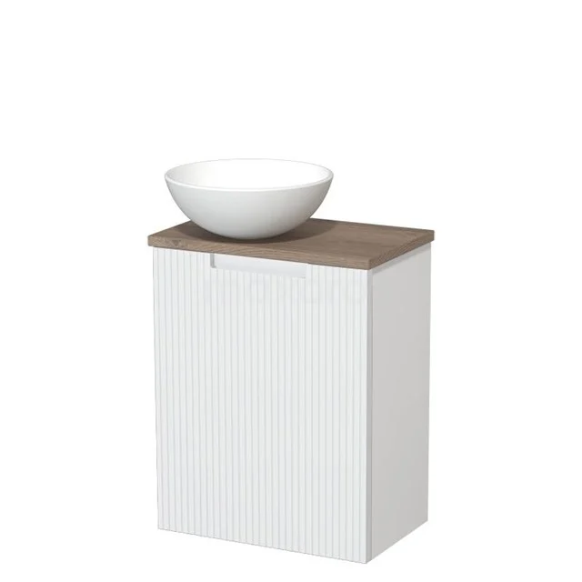 Toilet unit with countertop wash basin | 41 cm Matte white Line front Matte white Ceramic countertop wash basin Mid brown oak worktop TMK10-15663