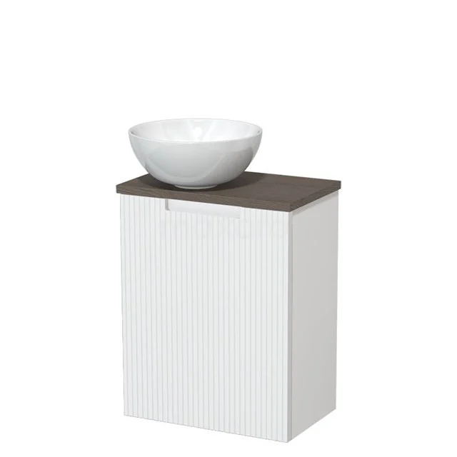Toilet unit with countertop wash basin | 41 cm Matte white Line front Glossy white Ceramic countertop wash basin Dark brown oak worktop TMK10-15666