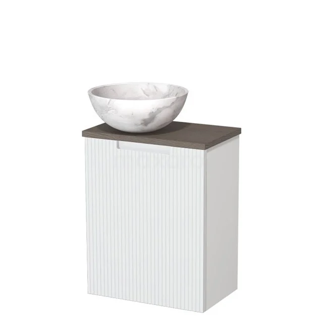 Toilet unit with countertop wash basin | 41 cm Matte white Line front White marble Natural stone countertop wash basin Dark brown oak worktop TMK10-15895