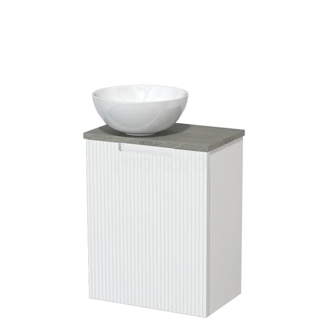 Toilet unit with countertop wash basin | 41 cm Matte white Line front Glossy white Ceramic countertop wash basin Grey oak worktop TMK10-15679