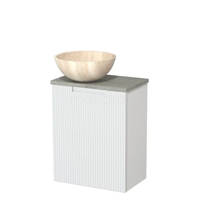 Toilet unit with countertop wash basin | 41 cm Matte white Line front Travertine Natural stone countertop wash basin Natural stone worktop Grey oak worktop TMK10-15907