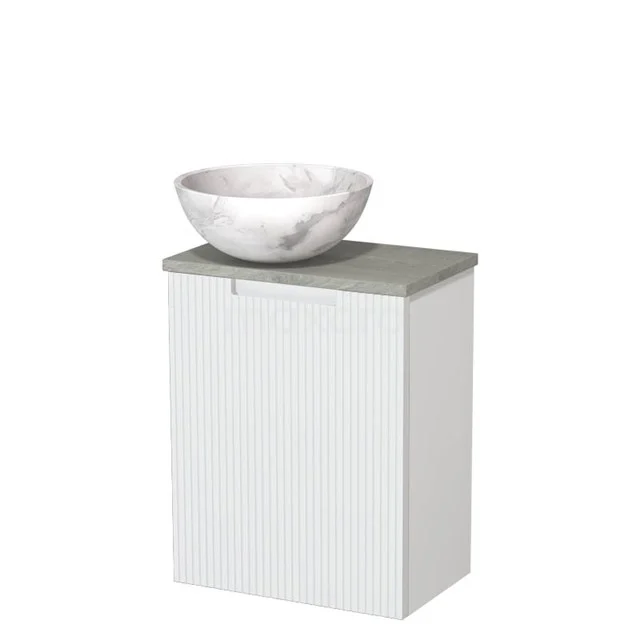 Toiletmeubel met waskom | 41 cm Mat wit Lijn front Wit marmer Natuursteen waskom Grijs eiken blad TMK10-15687