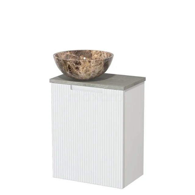 Toiletmeubel met waskom | 41 cm Mat wit Lijn front Dark emperador Natuursteen waskom Grijs eiken blad TMK10-15688