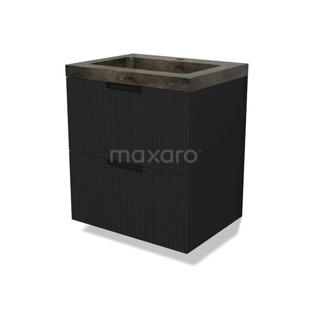 Modulo Vanity units with basin | 60 cm Matte black Line front Natural stone 2 Stacked drawers BMW17-04956