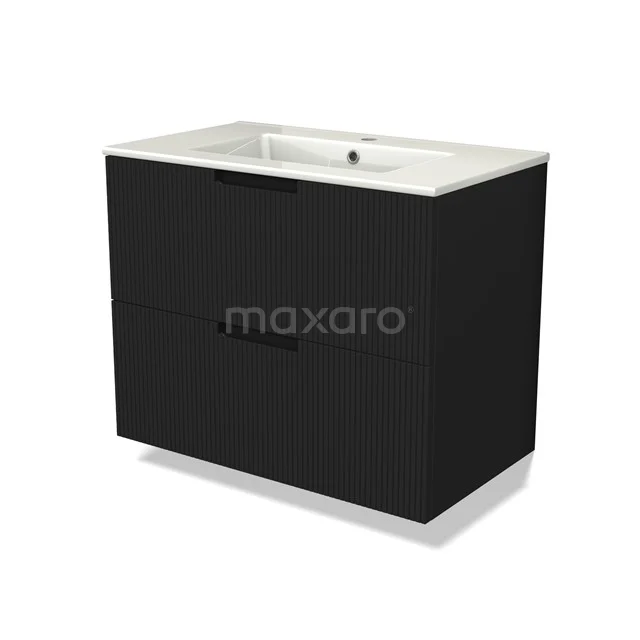 Modulo Vanity units with basin | 80 cm Matte black Line front Ceramic 2 Stacked drawers BMW17-04981