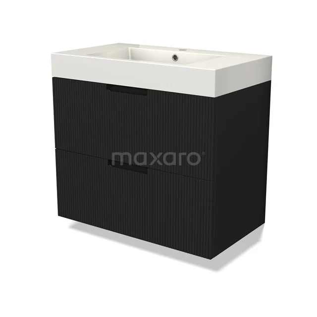 Modulo Vanity units with basin | 80 cm Matte black Line front Mineral marble 2 Stacked drawers BMW17-04995