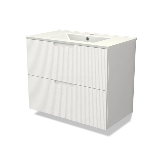 Modulo Vanity units with basin | 80 cm Matte white Line front Ceramic 2 Stacked drawers BMW17-05010