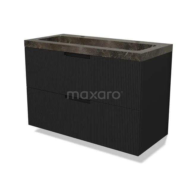 Modulo Vanity units with basin | 100 cm Matte black Line front Natural stone 2 Stacked drawers BMW17-05024