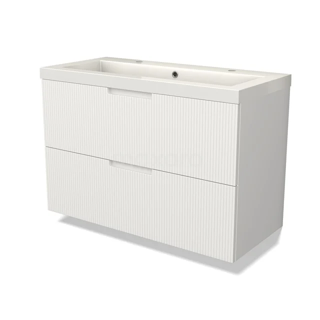 Modulo Vanity units with basin | 100 cm Matte white Line front Mineral marble 2 Stacked drawers BMW17-05037