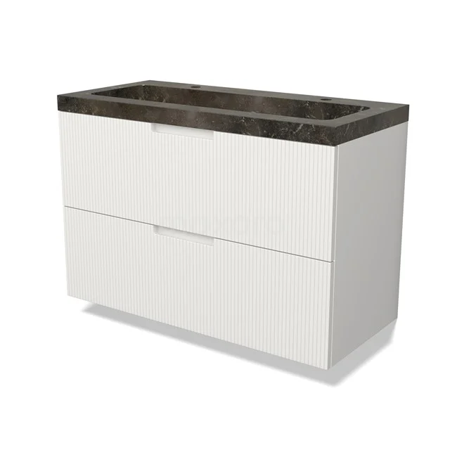 Modulo Vanity units with basin | 100 cm Matte white Line front Natural stone 2 Stacked drawers BMW17-05045