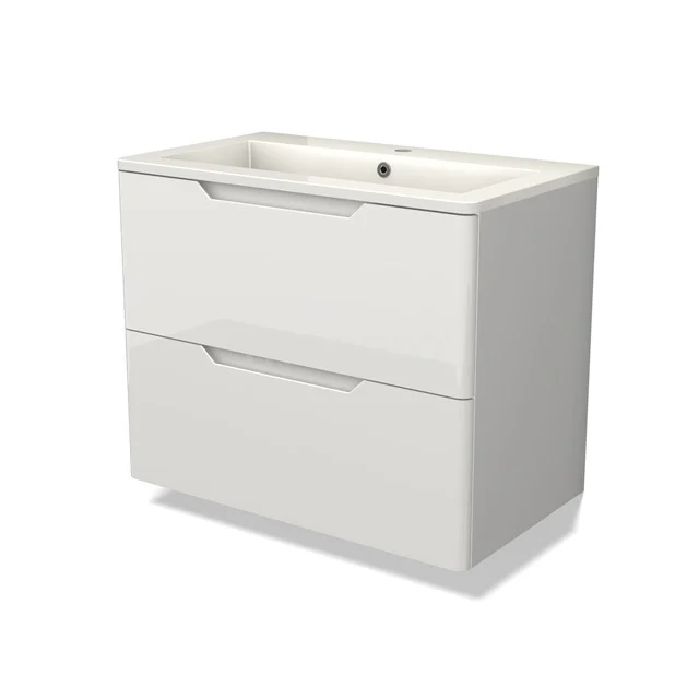 Modulo Vanity units with basin | 80 cm High-gloss white Round front Mineral marble 2 Stacked drawers BMW17-05128