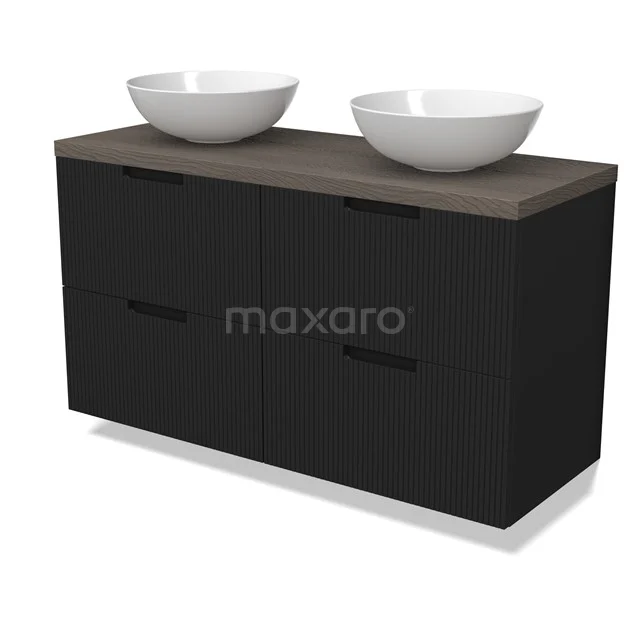 Modulo Plato Badmöbel mit Aufsatzwaschbecken | 120 cm Matt Schwarz Linie front Dunkelbraune Eiche blatt 4 Schubladen BMK18-02143