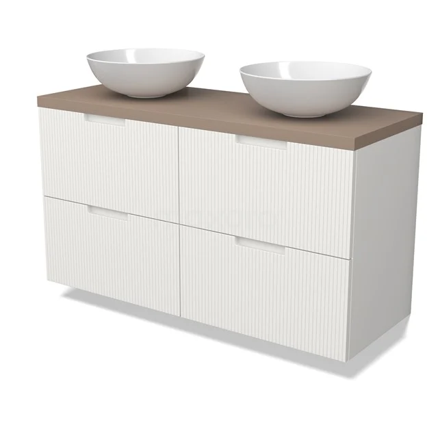 Modulo Plato Badmöbel mit Aufsatzwaschbecken | 120 cm Matt Weiß Linie front Taupe blatt 4 Schubladen BMK18-02148