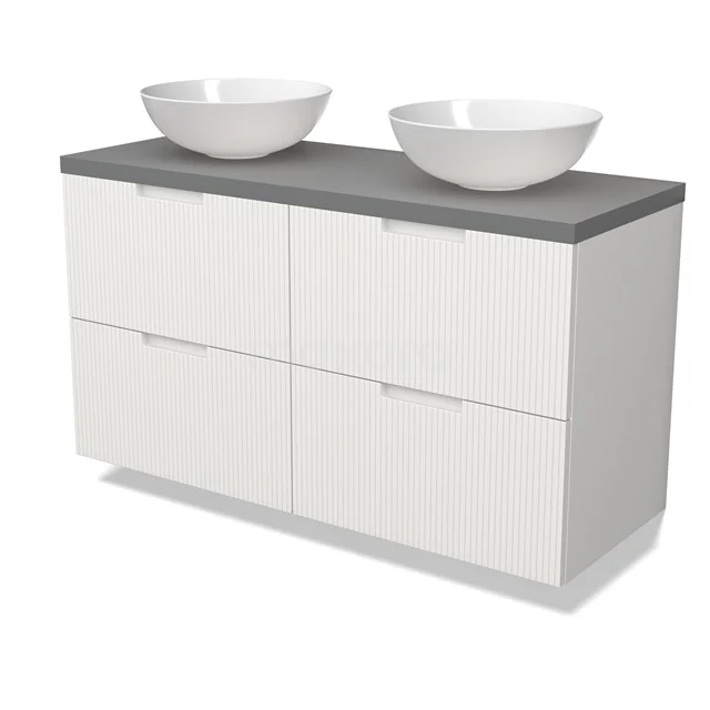 Modulo Plato Badmöbel mit Aufsatzwaschbecken | 120 cm Matt Weiß Linie front Mittelgrau blatt 4 Schubladen BMK18-02149