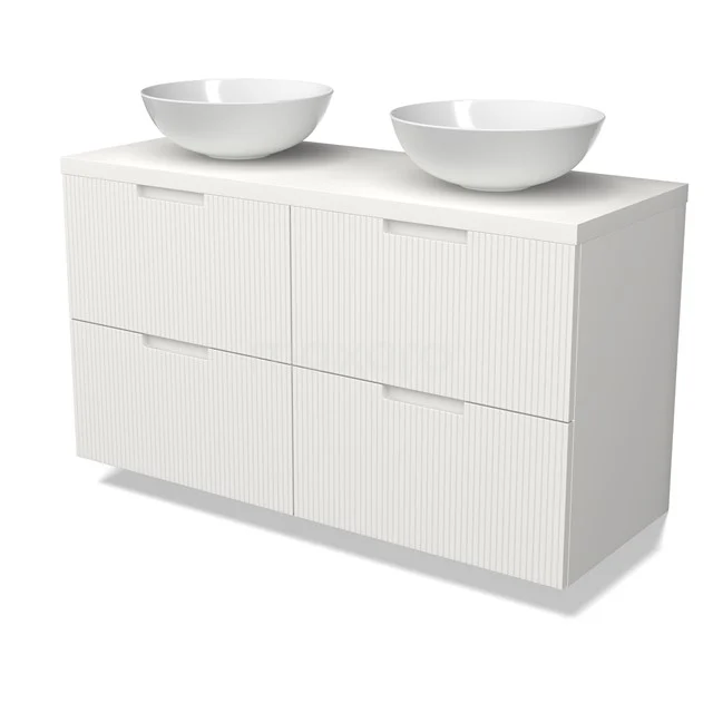 Modulo Plato Badmöbel mit Aufsatzwaschbecken | 120 cm Matt Weiß Linie front Matt Weiß blatt 4 Schubladen BMK18-02151