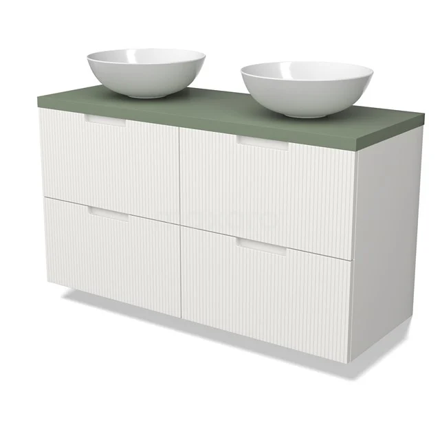 Modulo Plato Badmöbel mit Aufsatzwaschbecken | 120 cm Matt Weiß Linie front Salbeigrün blatt 4 Schubladen BMK18-02154